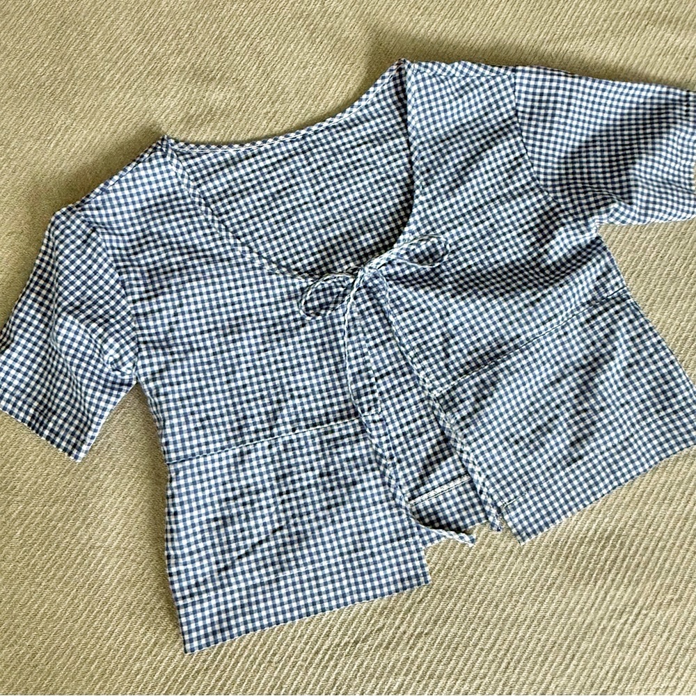 Vintage Tie Front Crop Top Royal Blue Gingham Womens Summer Plaid